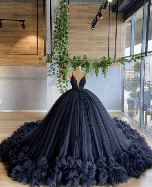 Ball Gown V Neck Tulle Black Wedding Dresses Spaghetti Straps Evening – MyChicDress